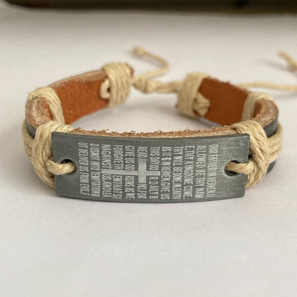 Vintage The Lords Prayer Leather Bracelet Mens Womens Adjustable Rope Catholic - Picture 5 of 10